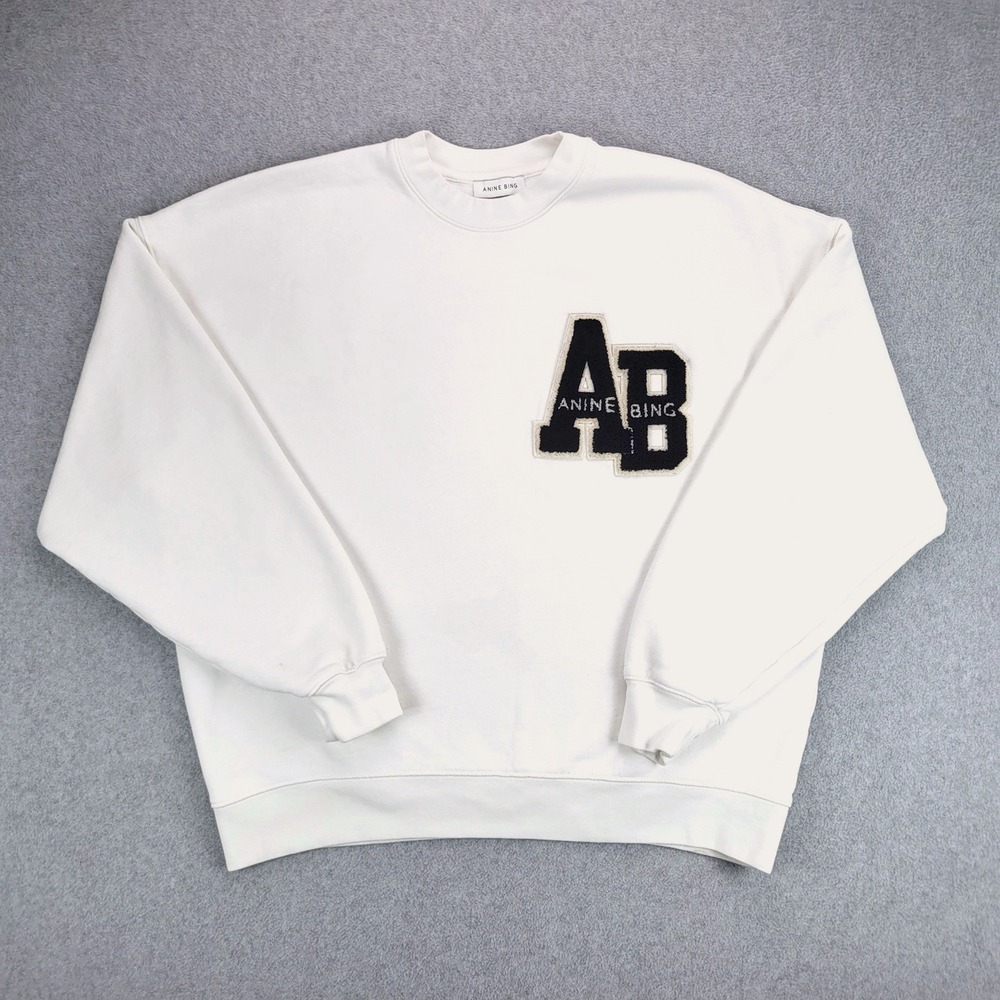 Anine Bing Varsity Sweatshirt Women XS White Chenille AB Patch Oversized Cotton